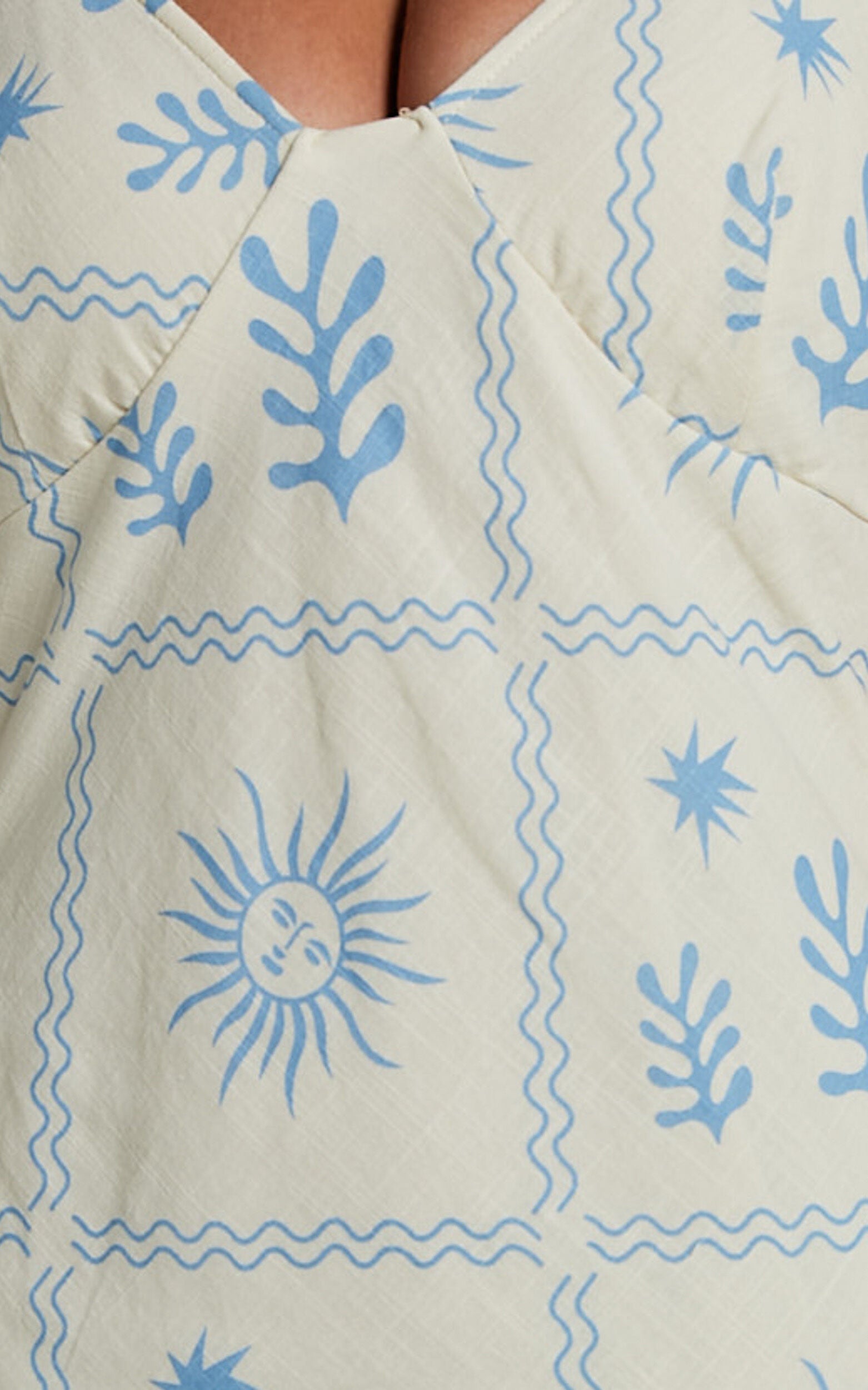 Zinnia Midi Linen Dress - Strappy Linen Slip Dress in Beige/Blue Border Print