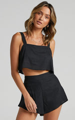 Zanrie Two Piece Set - Linen Square Neck Crop Top and High Waist Mini Flare Shorts Set in Black