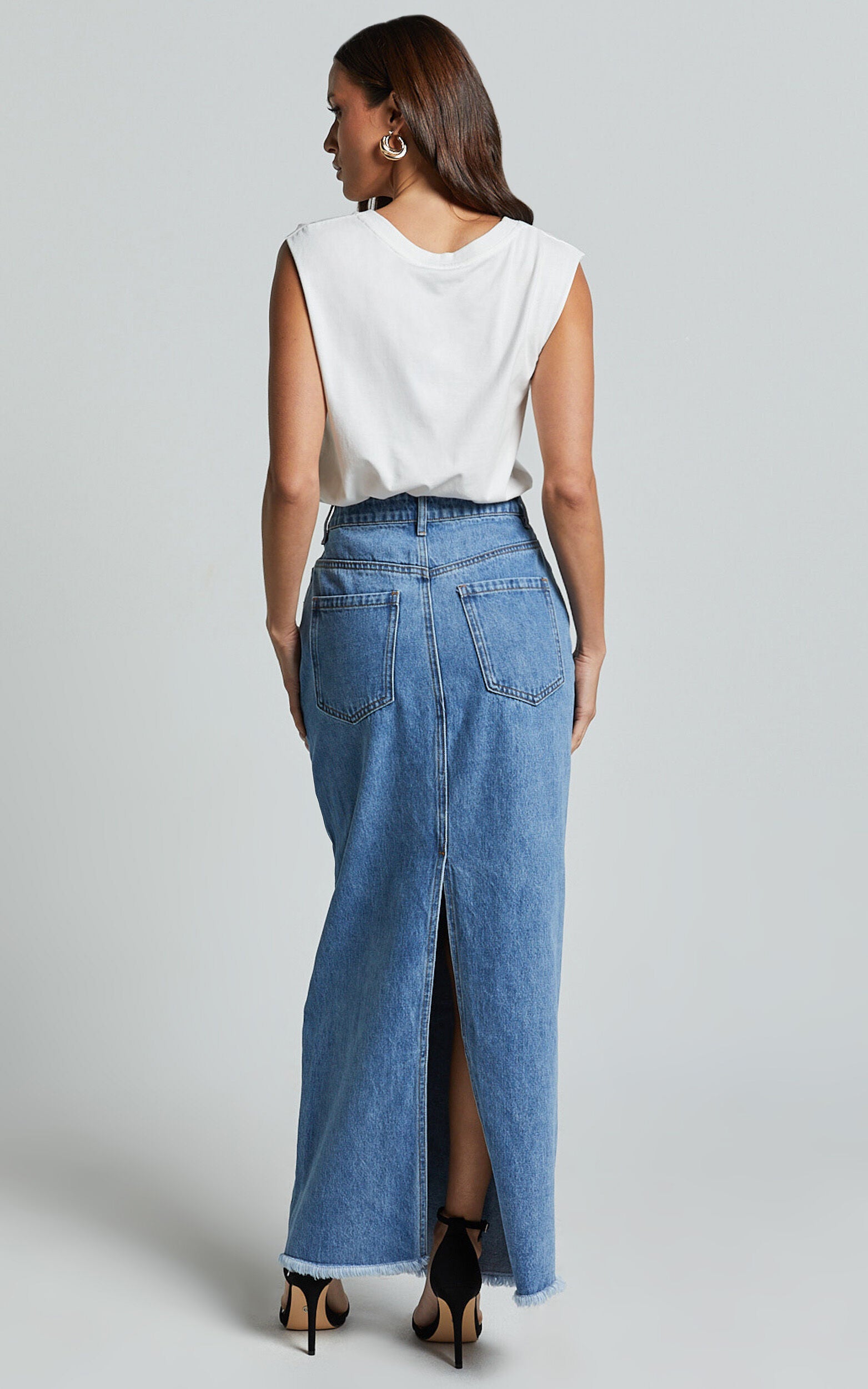Evelyn Maxi Skirt - High Asymmetrical Waist Frayed Hem Denim Skirt in Mid Blue Wash