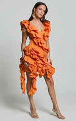 Amalie The Label - Lilou Ruffle Detail Cut Out Mini Dress in Orange