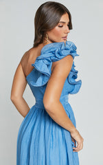 Dorothy Midi Dress - One Shoulder Frill Detail Fit and Flare Dress in Sky Blue