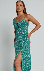 Willa Midi Dress - Ruched Bust Thigh Split Dress in Green Floral