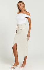 Brylee Midi Skirt - High Waisted Front Split Skirt in Stone