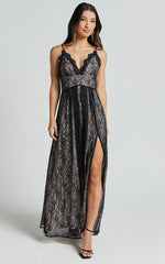 Leni Maxi Dress - Plunge Thigh Split Lace Dress in Black