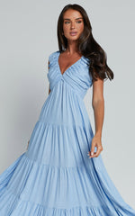 Nicollee Midi Linen Dress - Plunge Neck Sleeveless Tiered Dress in Blue
