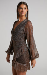 Laurah Mini Dress - V Neck Long Sleeve Plisse Dress in Black/gold