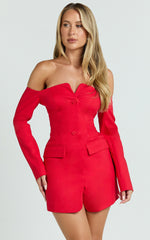 Anabelle Mini Dress - Tailored Off Shoulder Dress in Red