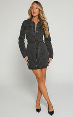 Enriquetta Mini Dress - Cotton Denim Long Sleeve Button Up Dress in Washed Black