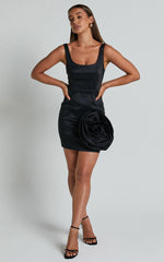 Datasha Mini Dress - Scoop Neck Sleeveless Rosette Detail Dress in Black