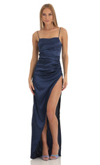 Satin Draped High Slit Maxi Dress in Navy