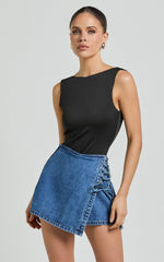 Ronnie Skort - Mid Waist Lace Up Denim Skort in Dark Blue Wash