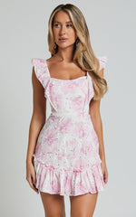 Anisha Mini Dress - Flutter Sleeve Straight Neck With Tie Back Dress in Pink and White Floral Print