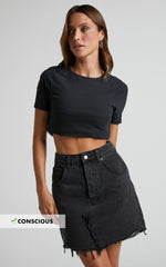 Pieta Mini Skirt - Recycled Cotton Raw Hem Denim Skirt in Washed Black