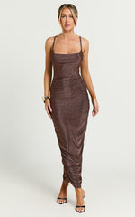 Roma Midi Dress - Ruched Cowl Neck Dress in Chocolate Lurex