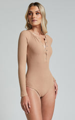 Tatem Bodysuit - Long Sleeve Button Front Bodysuit in Mocha