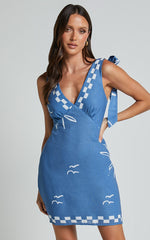 Aveda Mini Linen Dress - Tie Strap Deep V Neck Shift Dress in Blue
