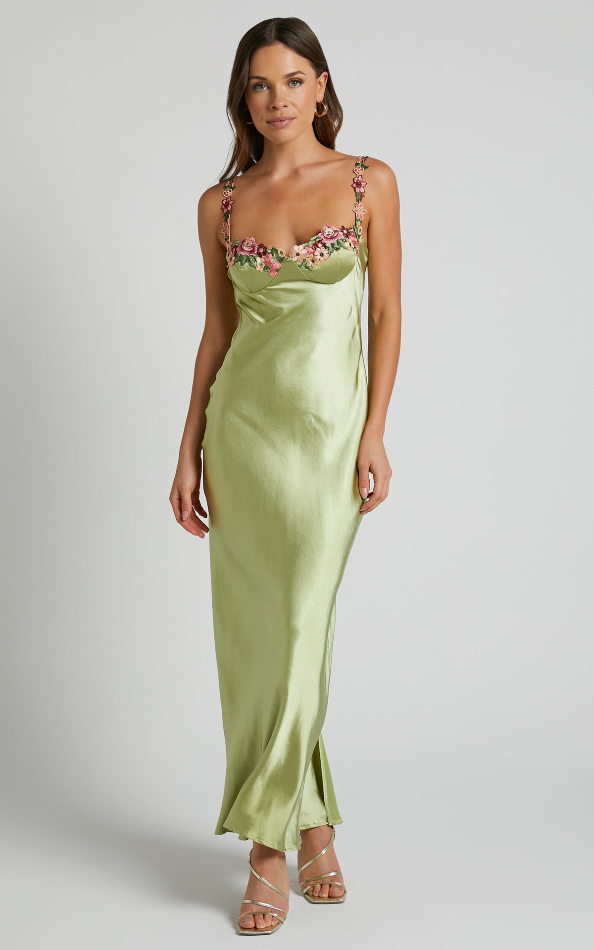 Harmony Midi Dress - Floral Detail Cup Bust Satin Dress in Citrus