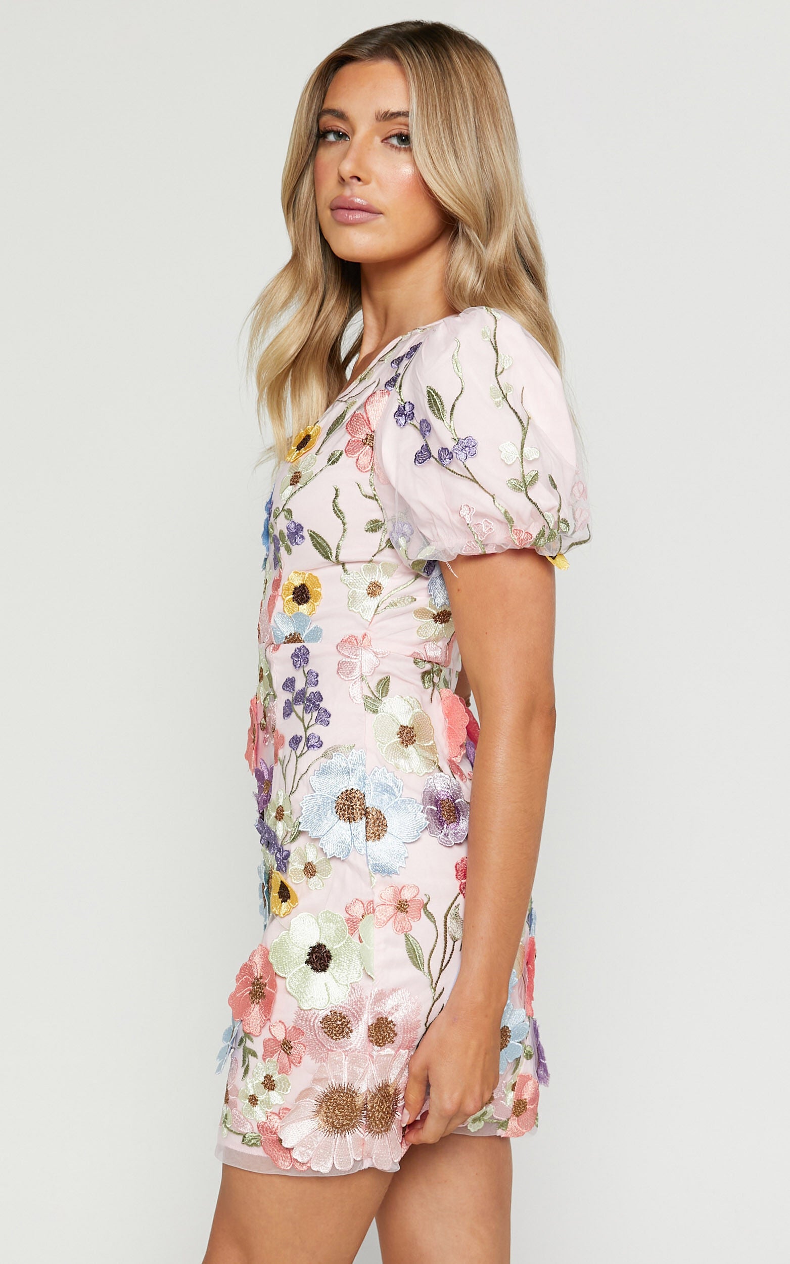 Wren Mini Dress - Puff Sleeve Bodycon 3d Garden Flowers Dress in Pink