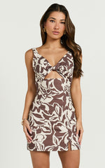 Finnley Mini Dress - Linen Twist Front Cut Out Dress in Tonal Stencil Floral