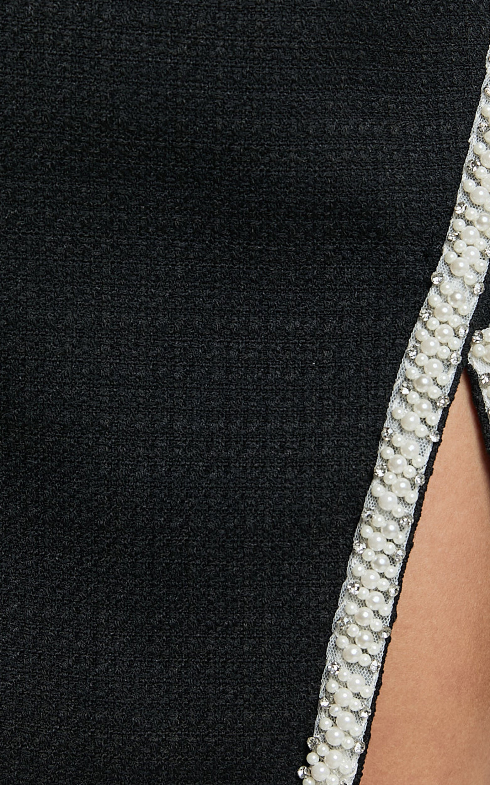 Donatella Mini Skirt - Boucle Pearl Trim Side Split Mini Skirt in Black