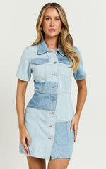 Gladys Mini Dress - Short Sleeve Patchwork Denim Dress in Multi