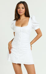 Mya Mini Dress - Scoop Neck Ruched Button Front Puff Sleeve Dress in White