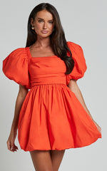 Tamara Mini Dress - Short Puff Sleeve Ruched Dress in Orange