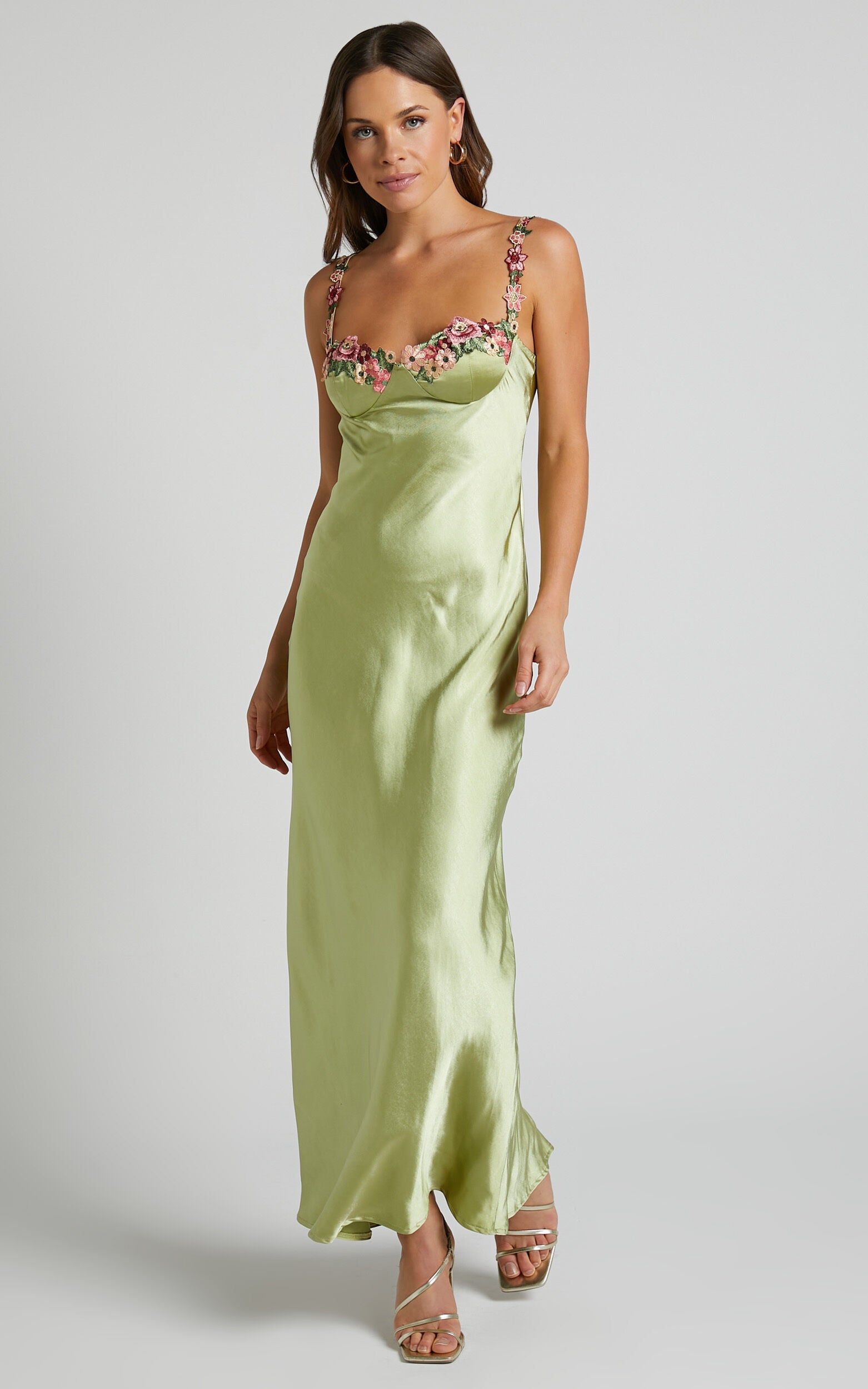 Harmony Midi Dress - Floral Detail Cup Bust Satin Dress in Citrus