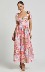 Meagan Midi Dress - Tie Shoulder Gathered Skirt Dress in Floral Mosaic Print