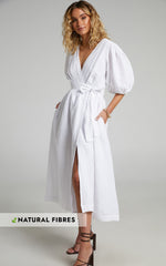 Amalie The Label - Franc Linen Puff Sleeve Wrap Midi Linen Dress in White