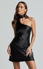 Fiona Mini Dress - Asymmetric Tie Neck Slip Dress in Black