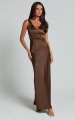 Melodie Midi Dress - V Neck Satin Slip Dress in Chocolate