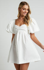 Vashti Mini Dress - Puff Sleeve Sweetheart Dress in Off White