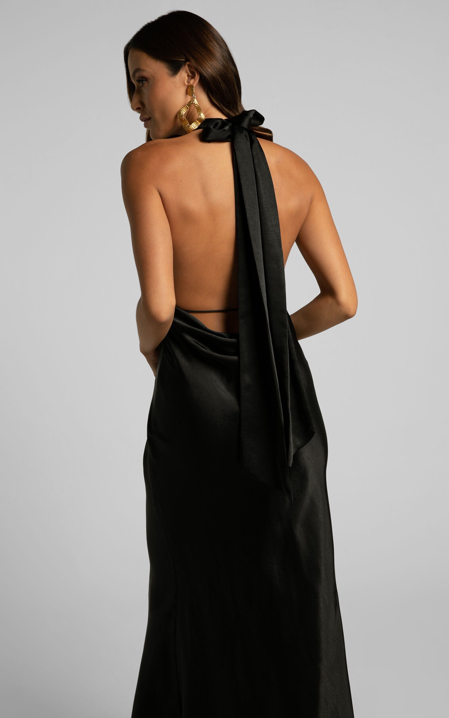 Aiyana Midi Dress - Halter Neck Satin Dress in Black