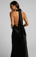 Aiyana Midi Dress - Halter Neck Satin Dress in Black