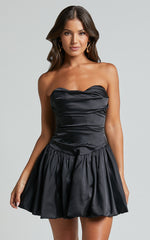 Edina Mini Dress - Strapless Drop Waist Puff Ball Dress in Black