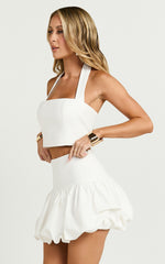 Abellina Mini Skirt - High Waist Bubble Hem Skirt in White