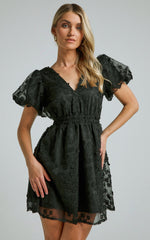 Marciana Mini Dress - V Neck Puff Sleeve With Lace Dress in Black