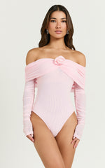 Seraphina Bodysuit - Off Shoulder Long Sleeve Detachable Rosette Mesh Bodysuit in Baby Pink