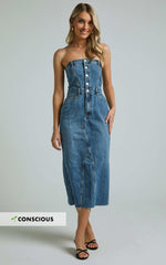 Keyla Midi Dress - Denim Strapless Button Front Shirred Back in Mid Blue Wash