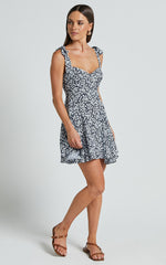 Lorreta Mini Dress - Tie Shoulder Sweetheart Dress in Navy Floral