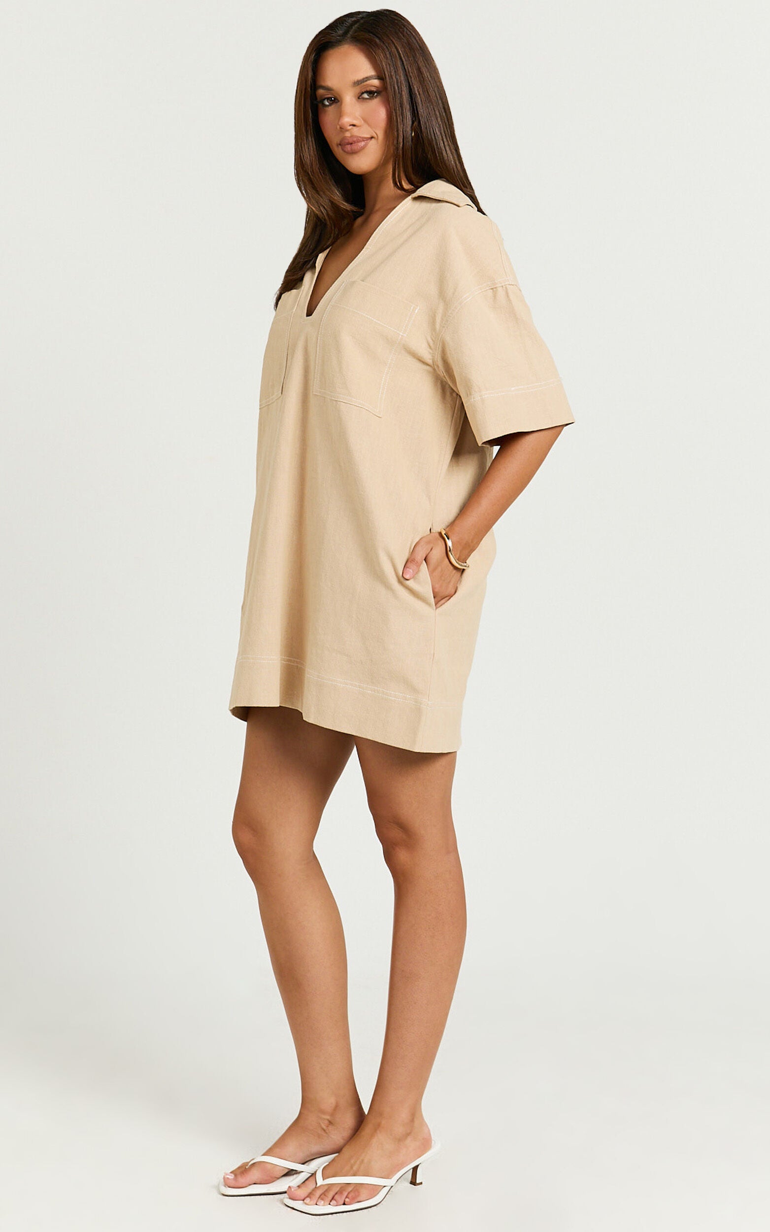 Sanvi Mini Dress - Linen Collared Pocket Shift Dress in Beige