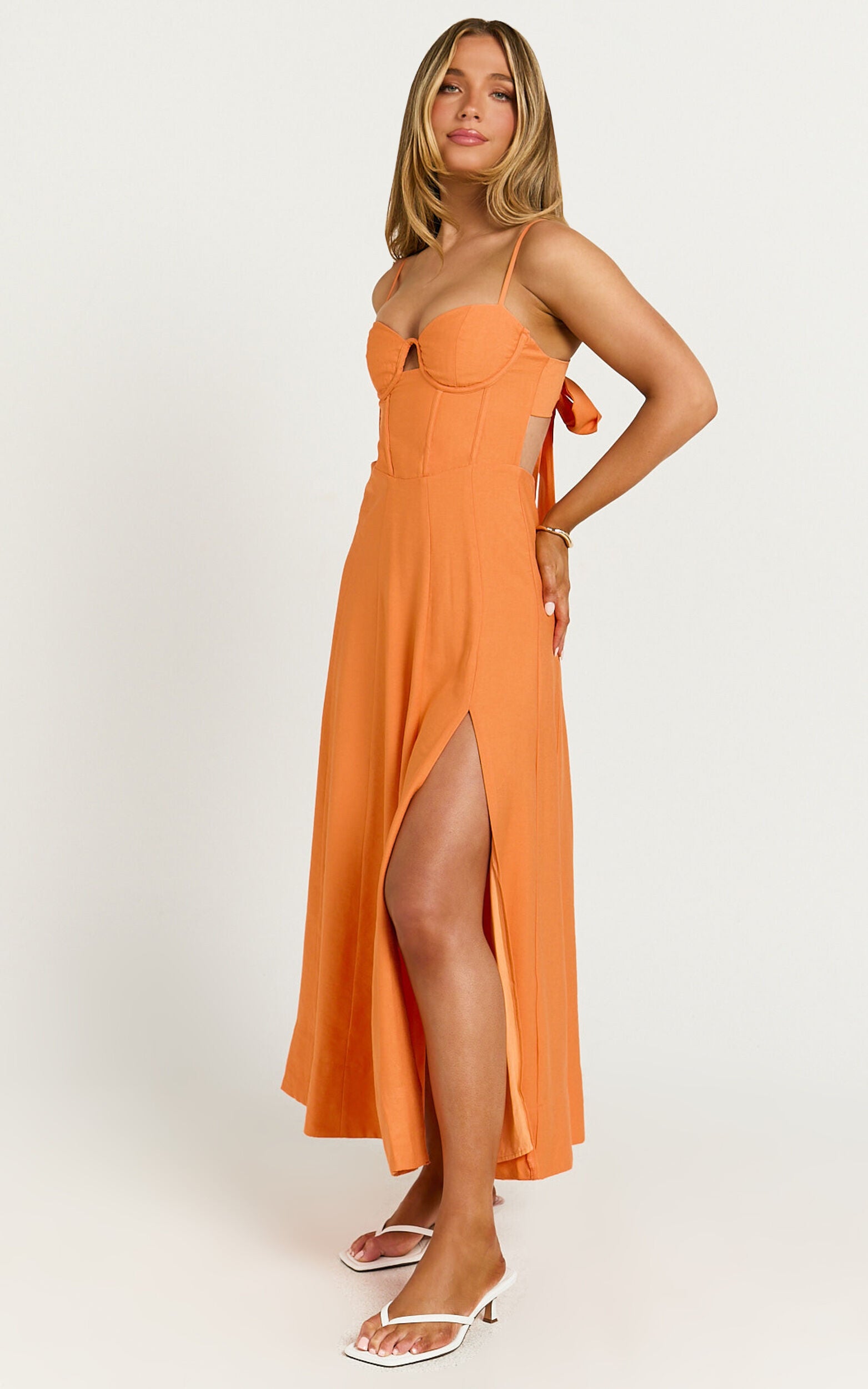 Amalie The Label - Ray Corset Panel Tie Back Midi Linen Dress in Orange