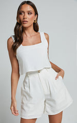 Larissa Shorts - Linen High Waisted Tailored Pleat Front Back Pocket Shorts in Off White