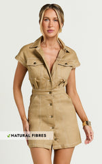 Audette Mini Dress - Short Sleeve Button Through Dress in Brown