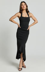 Maris Midi Dress - Full Length Halter Tie Neck Dress in Black