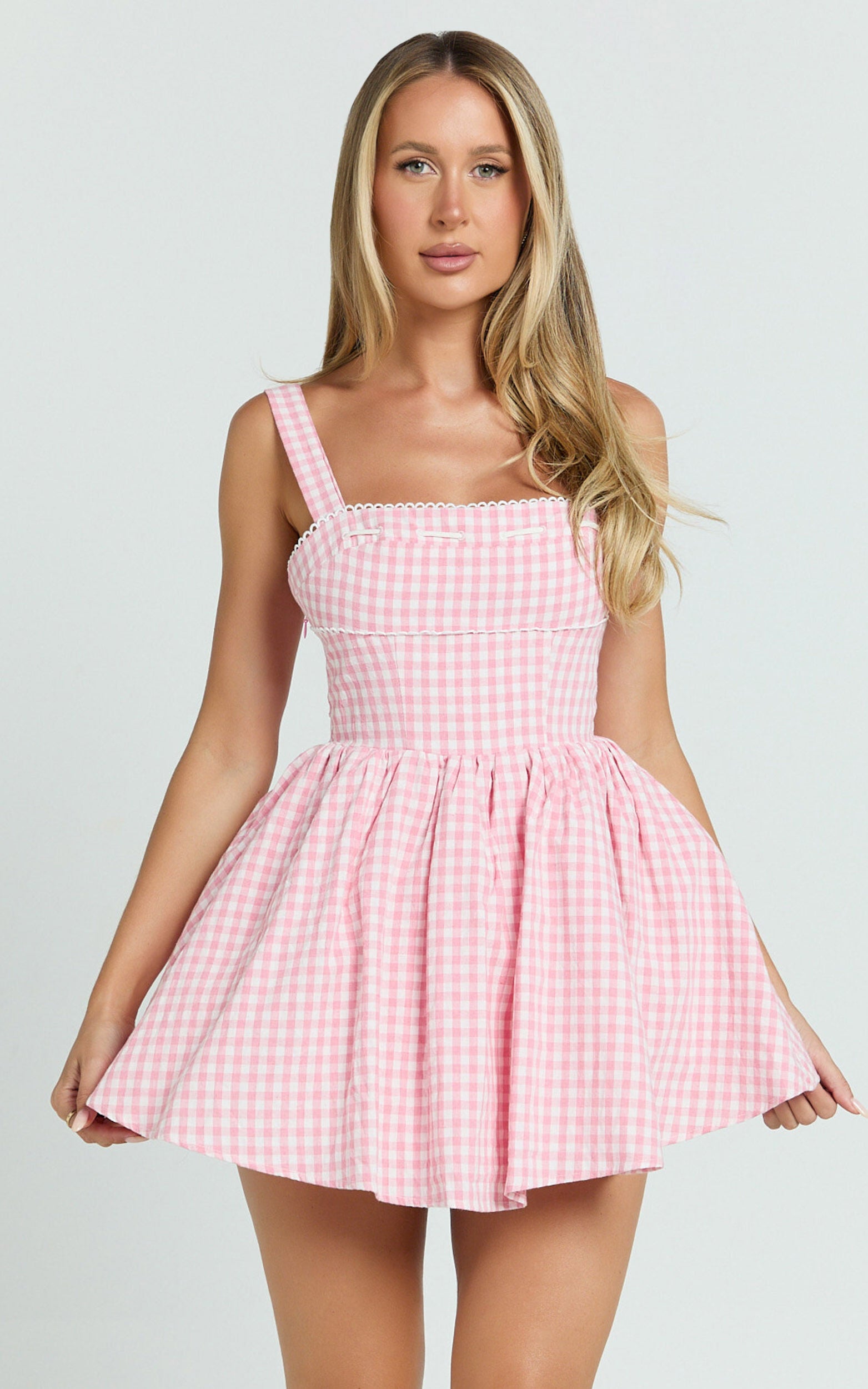 Caitlin Mini Dress - Gingham Square Neck Fit And Flare Dress in Pink