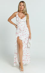 Justine Maxi Dress - Jacquard V Neck Tiered Lace Trim Dress in Romantic Ditsy Print