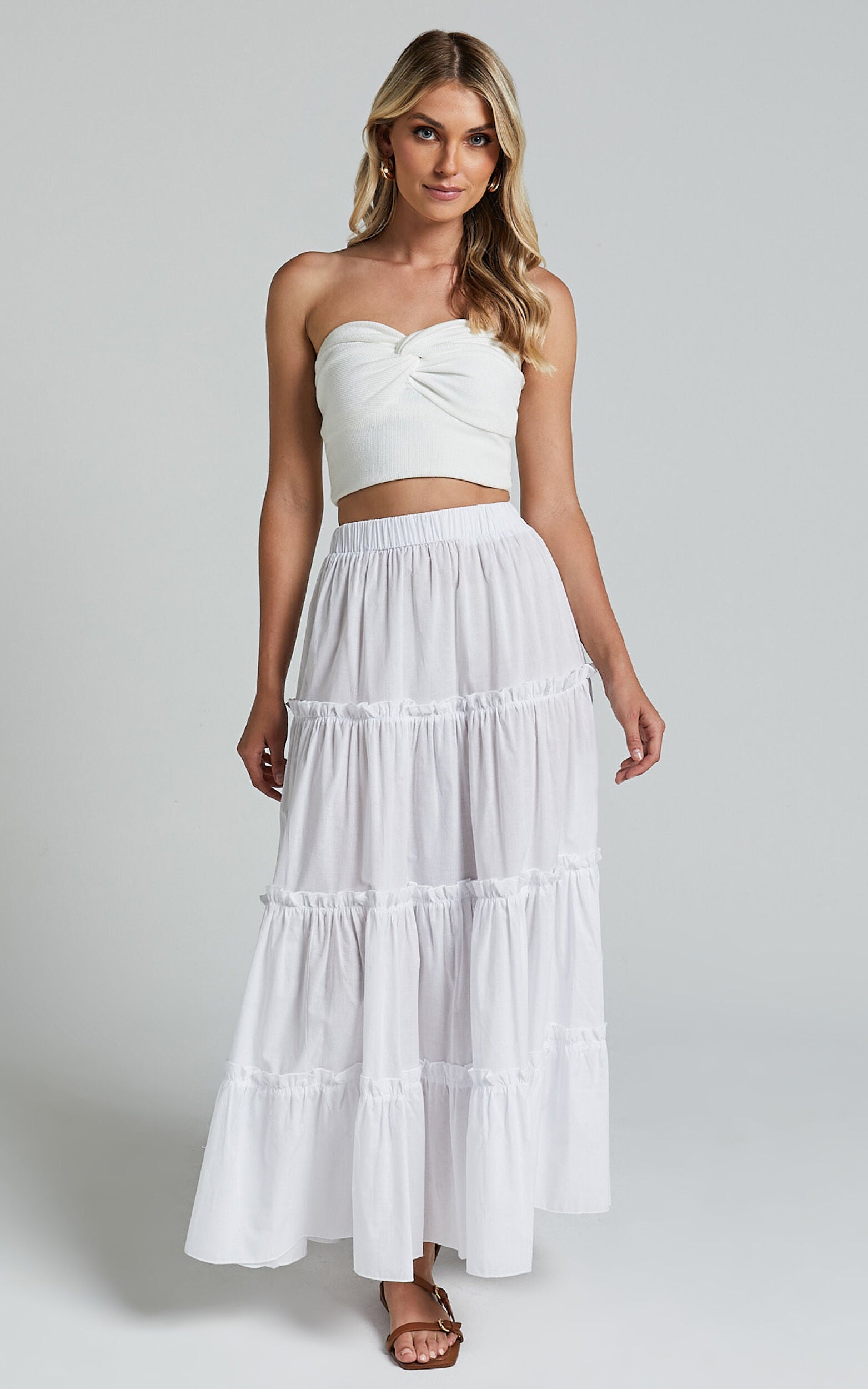 Aeonium Maxi Skirt - Cotton Elasticated Waist Tiered Skirt in Off White