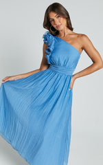 Dorothy Midi Dress - One Shoulder Frill Detail Fit and Flare Dress in Sky Blue